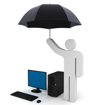 3D Man Symbol Holding Umbrella Over Computer